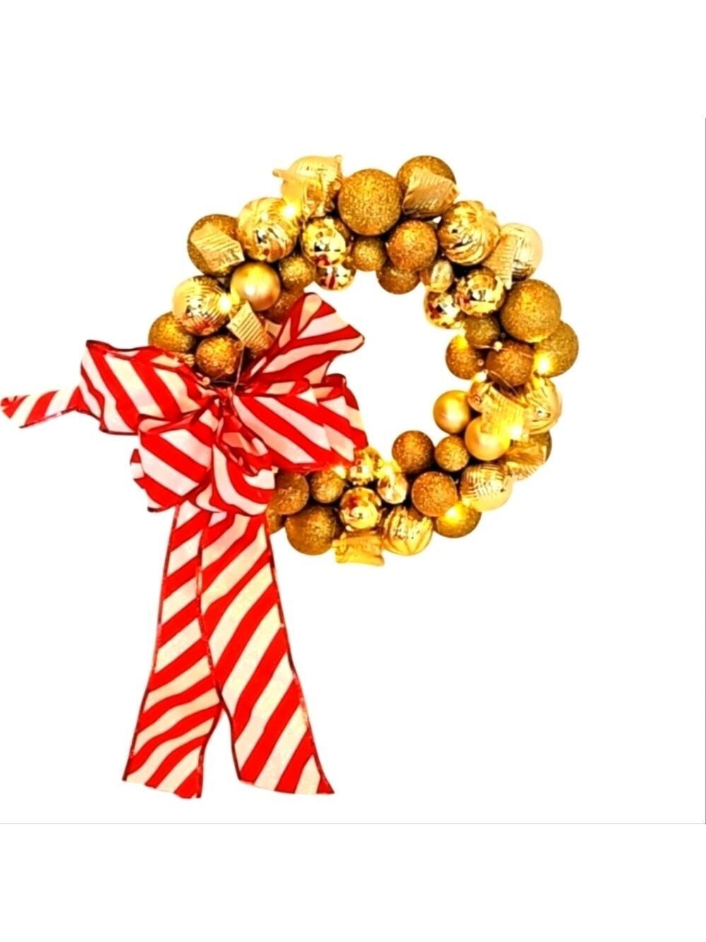 Upcycled Shatterproof Wreath Christmas Gold Ornaments Fairy Lights Handmade 14"
